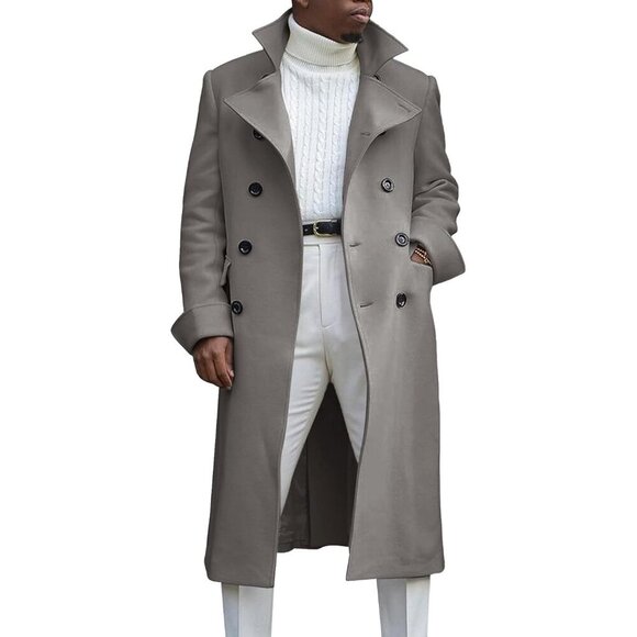 Men's Grey Notch Lapel Double Breasted Long Trench Coat Cotton Blend Pea coat